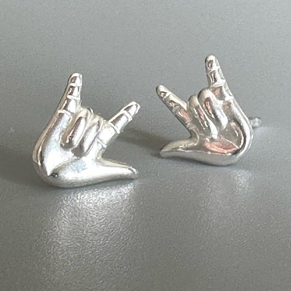 Sterling Silver I Love You ASL Sign Simple Stud Earrings - Picture 12 of 14